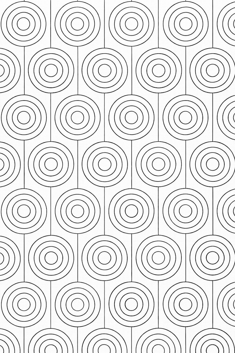 May include: Black and white geometric pattern featuring concentric circles connected by vertical lines. The design is repeated across the image, creating a symmetrical and visually engaging composition. The pattern is suitable for various applications.