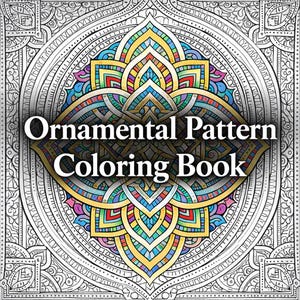 Könnte beinhalten: Ein "Ornamentales Muster Malbuch" wird gezeigt, das ein detailliertes, symmetrisches Design aufweist. Das zentrale Motiv ist ein farbenfrohes, mehrschichtiges Blumenmuster mit Blau-, Gelb-, Rot- und Grüntönen. Der Hintergrund ist ein weißes, kompliziertes Mandala-Design.