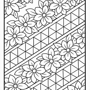May include: Black and white floral pattern with a geometric design. The image features stylized flowers and leaves arranged along diagonal lines of triangles. The design is suitable for coloring or as a decorative element.