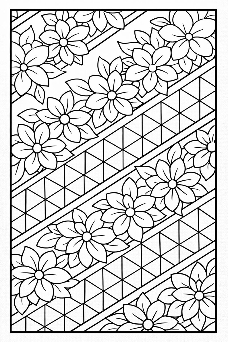 May include: Black and white floral pattern with a geometric design. The image features stylized flowers and leaves arranged along diagonal lines of triangles. The design is suitable for coloring or as a decorative element.