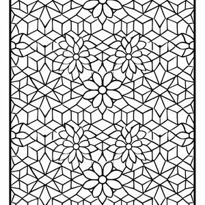 May include: Black and white geometric pattern with floral and star-like shapes. The design features repeating flower motifs and a complex network of lines, creating a symmetrical and intricate visual texture. Suitable for coloring books or decorative art.