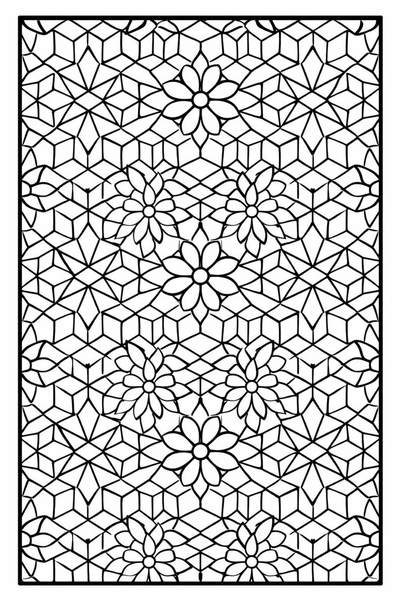 May include: Black and white geometric pattern with floral and star-like shapes. The design features repeating flower motifs and a complex network of lines, creating a symmetrical and intricate visual texture. Suitable for coloring books or decorative art.