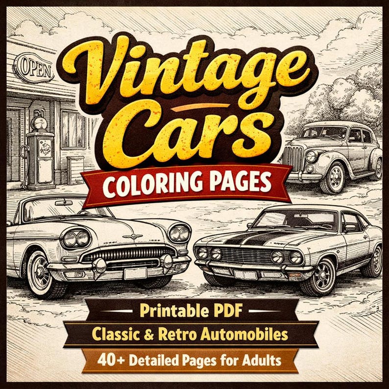 Retro Vintage Cars Coloring Book | 50s-70s Automotive Art (digital ...