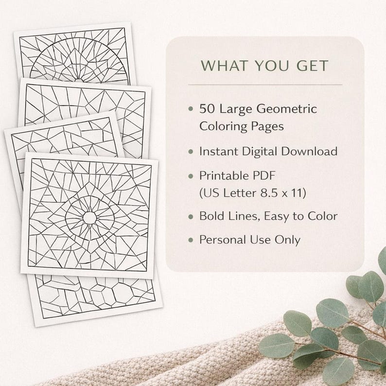 May include: A stack of geometric coloring pages with bold black lines. The image includes text that reads "WHAT YOU GET" and lists features such as "50 Large Geometric Coloring Pages" and "Printable PDF (US Letter 8.5 x 11)".