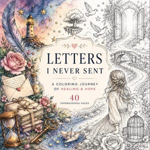Peut inclure: Un livre de coloriage intitulé Letters I Never Sent: A Coloring Journey of Healing & Hope avec 40 pages inspirantes. La couverture présente un phare, un arbre flottant, une personne près d'un ruisseau, une cage, un sablier et une clé.