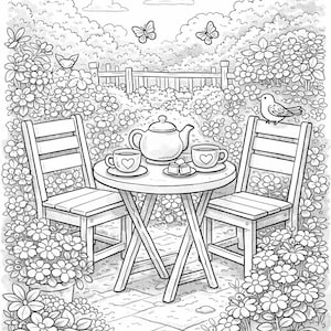 May include: A black and white illustration of a garden tea party scene. A round table with a teapot, two cups, and sugar cubes sits between two chairs. Butterflies and birds are also present in the garden setting.