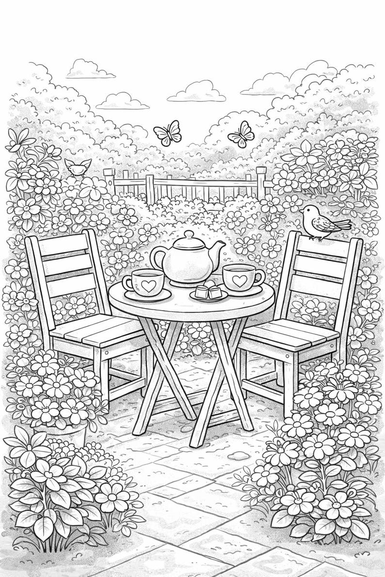 May include: A black and white illustration of a garden tea party scene. A round table with a teapot, two cups, and sugar cubes sits between two chairs. Butterflies and birds are also present in the garden setting.