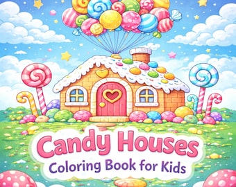 Candy Houses Coloring Book for Kids – 40 Cute Sweet Homes, Printable Coloring Pages