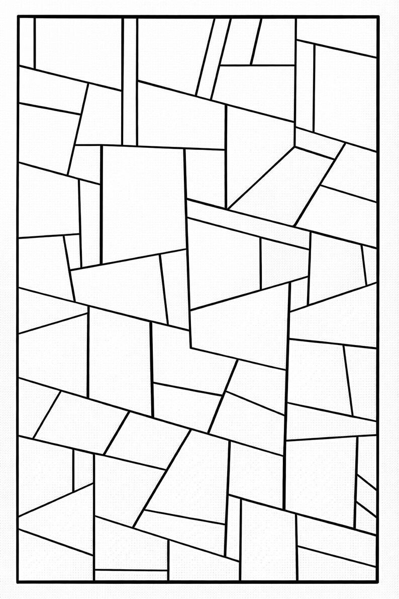 May include: Abstract geometric design featuring a mosaic of irregular shapes and lines. The artwork is composed of various quadrilaterals and triangles, outlined in black against a white background. The overall pattern creates a modern, graphic aesthetic.