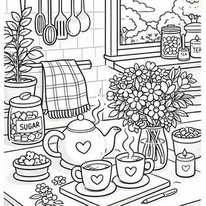 May include: Black and white illustration of a kitchen scene. A teapot and two cups with heart designs sit on a tray. A jar labeled "SUGAR" and a vase of flowers are also present. Kitchen utensils hang above.