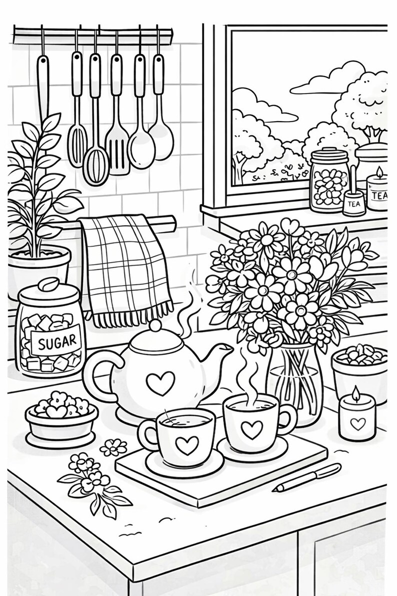 May include: Black and white illustration of a kitchen scene. A teapot and two cups with heart designs sit on a tray. A jar labeled "SUGAR" and a vase of flowers are also present. Kitchen utensils hang above.