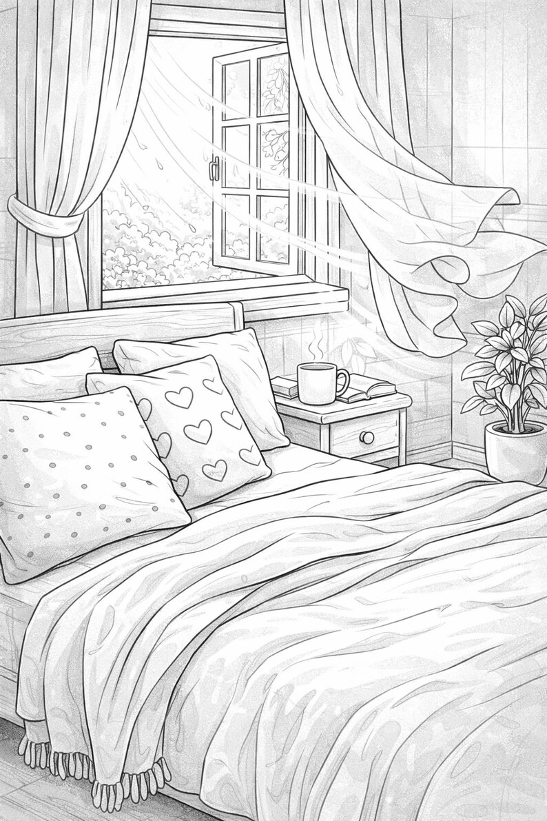 Cozy Spring Hygge Coloring Book for Adults | Cute Cottagecore Coloring Pages | Easy Bold Home & Garden Art | Digital Download image 6
