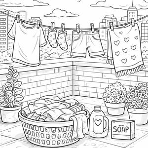 May include: Black and white illustration of laundry day on a rooftop. Clothes hang on a clothesline, including a t-shirt, shorts, socks, and a sweater with heart designs. A laundry basket, soap, and detergent are also present.