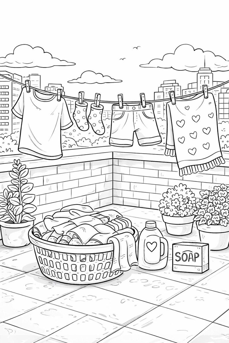 May include: Black and white illustration of laundry day on a rooftop. Clothes hang on a clothesline, including a t-shirt, shorts, socks, and a sweater with heart designs. A laundry basket, soap, and detergent are also present.