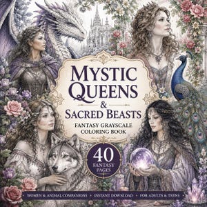 以下が含まれることがあります： 「Mystic Queens & Sacred Beasts」と題された40ページのファンタジー・グレースケール塗り絵。表紙には、ドラゴン、クジャク、オオカミ、水晶玉などの動物を伴う4人の女性が、花柄のモチーフと共に描かれています。