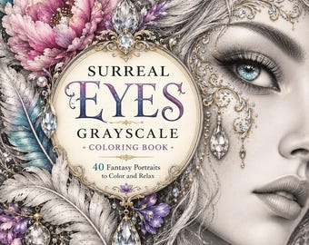 May include: A grayscale coloring book titled Surreal Eyes Grayscale Coloring Book featuring 40 Fantasy Portraits to Color and Relax. The cover displays a detailed illustration of a face with blue eyes, surrounded by pink flowers, feathers, and crystals.
