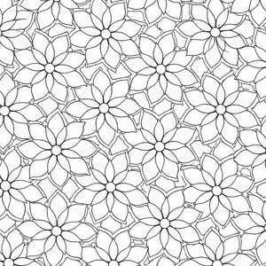 May include: Black and white floral pattern. The image features a repeating design of stylized flowers with multiple petals and a central circular detail. The flowers are outlined in black against a white background, creating a high-contrast, detailed pattern.