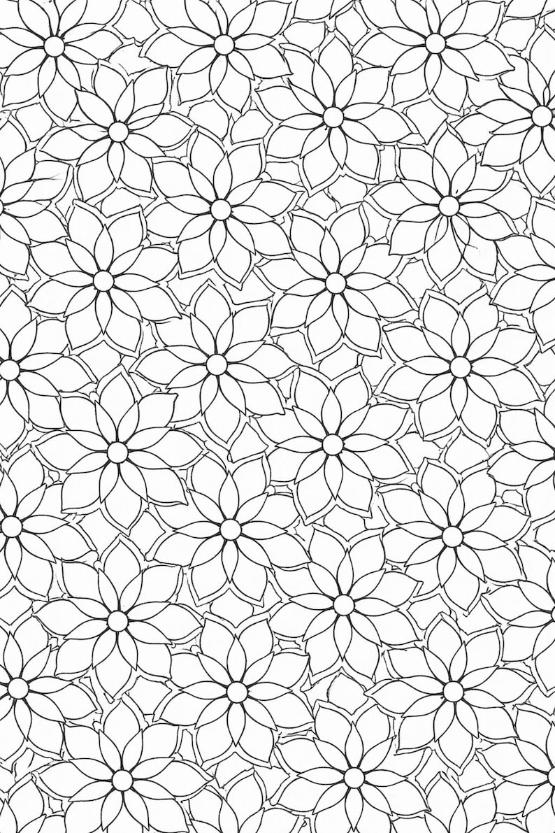 May include: Black and white floral pattern. The image features a repeating design of stylized flowers with multiple petals and a central circular detail. The flowers are outlined in black against a white background, creating a high-contrast, detailed pattern.
