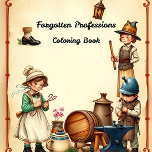 Puede incluir: Una portada de libro para colorear titulada "Forgotten Professions Coloring Book" con ilustraciones de niños vestidos con atuendos históricos. La portada presenta un borde decorativo y varios objetos relacionados con diferentes profesiones.