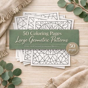 Peut inclure: Un ensemble de 50 pages à colorier avec de grands motifs géométriques. Les pages en noir et blanc présentent des motifs géométriques faciles à colorier. Une bannière verte affiche le texte "50 Coloring Pages, Large Geometric Patterns".