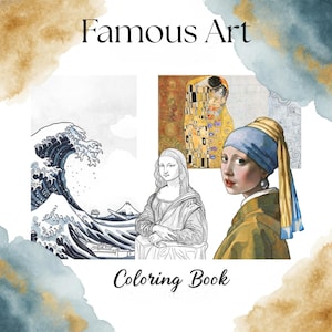以下が含まれることがあります： 「Famous Art」と「Coloring Book」の文字が入った塗り絵本の表紙。葛飾北斎の「神奈川沖浪裏」、クリムトの「接吻」、モナ・リザ、フェルメールの「真珠の耳飾りの少女」など、有名なアートワークのイラストが特徴です。