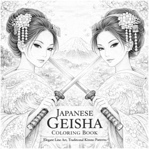 May include: Black and white illustration of a coloring book titled "Japanese Geisha." The cover features two geishas holding swords, with Mount Fuji in the background. The book's title and subtitle are displayed prominently.