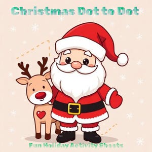 Puede incluir: Ilustración colorida de Papá Noel y un reno. Papá Noel lleva un traje y gorro rojos con barba blanca. El reno tiene cuernos marrones y una nariz roja. El texto dice "Christmas Dot to Dot" y "Fun Holiday Activity Sheets".
