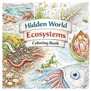 Peut inclure: Couverture d'un livre de coloriage détaillé intitulé "Hidden World Ecosystems". L'illustration présente divers écosystèmes avec une étoile de mer, un crabe, des vers, des champignons et un poisson. La couverture est remplie de dessins colorés de la nature.