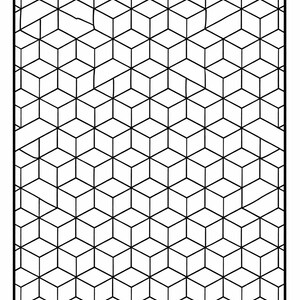 May include: A black and white geometric pattern featuring a repeating cube design. The pattern is composed of interconnected lines creating a three-dimensional effect. The design is symmetrical and fills the entire frame.