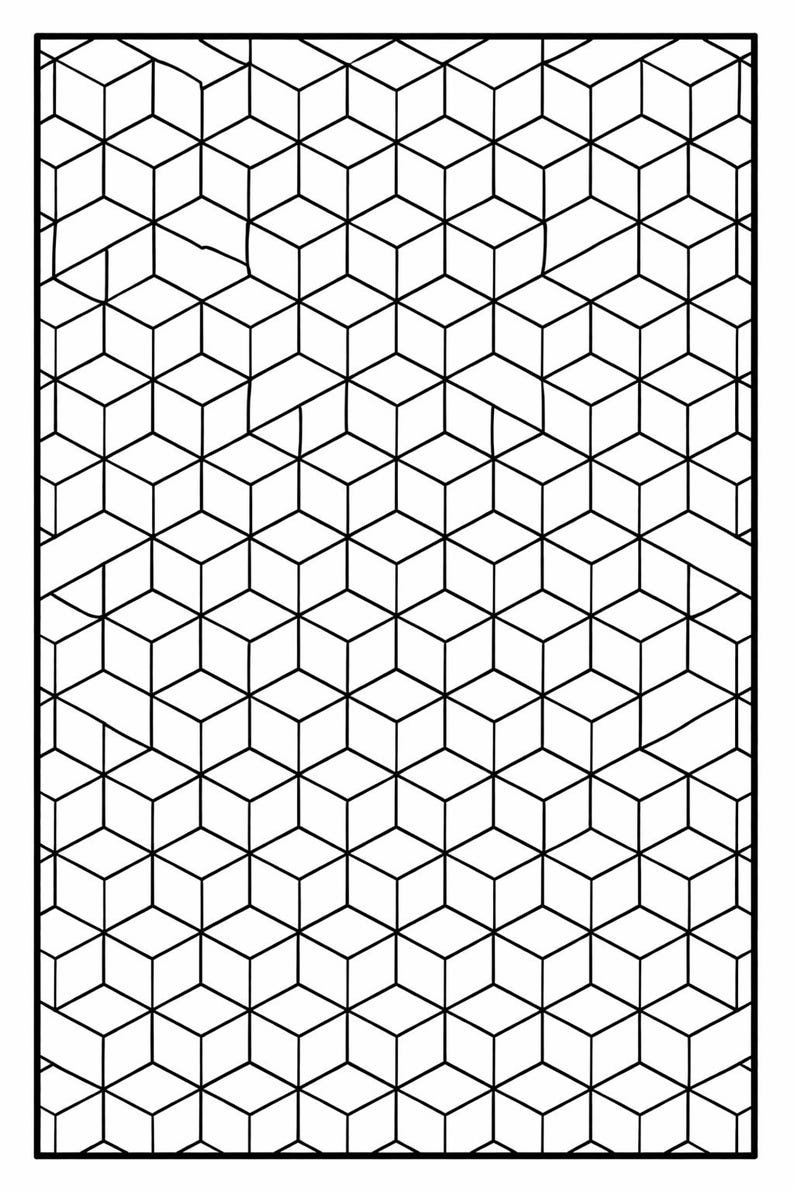 May include: A black and white geometric pattern featuring a repeating cube design. The pattern is composed of interconnected lines creating a three-dimensional effect. The design is symmetrical and fills the entire frame.