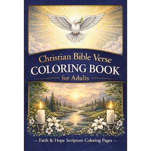Può includere: Un libro da colorare di versetti biblici cristiani per adulti. La copertina presenta una colomba con un ramoscello d'ulivo, che irradia luce, e un paesaggio con candele, fiori e un fiume. Il titolo è in lettere dorate su sfondo blu navy.