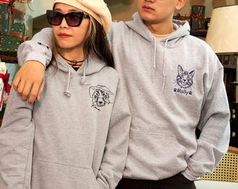Custom Embroidered Pet Hoodie Using Photo - Dog Cat Portrait Matching Couple Sweatshirts - Pet Lover Gift