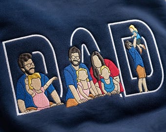 Varsity Custom Embroidered Dad and Kids Portrait Sweatshirt - Personalized Photo in Letters Crewneck - Baby Announcement to Papa