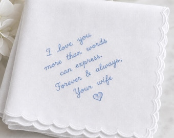 Embroidered Wedding Handkerchief for Groom - Custom Handwritten Message Keepsake Gift - Love Note Hankerchief - Handwriting Pocket Square