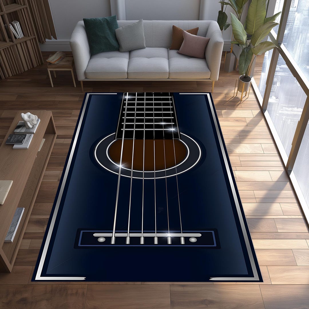 Guitar Music Rug: Dark Blue Acoustic Carpet, Artistic String Design ...