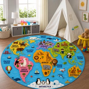 May include: A round, colorful children's rug featuring a world map design. The rug has a blue background with continents in yellow, orange, and green. Illustrations of animals, landmarks, and ocean life are scattered across the map.