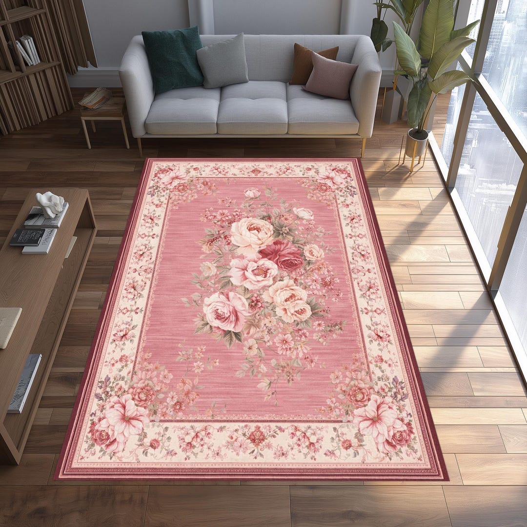 Floral Pink Rose Rug: Vintage Style Bouquet Carpet, Soft Blush Ivory ...