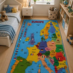 May include: A rectangular blue rug with a map of Europe, featuring country outlines in various colors and flags. The word "EUROPE" is printed in red. The rug is in a child's bedroom.