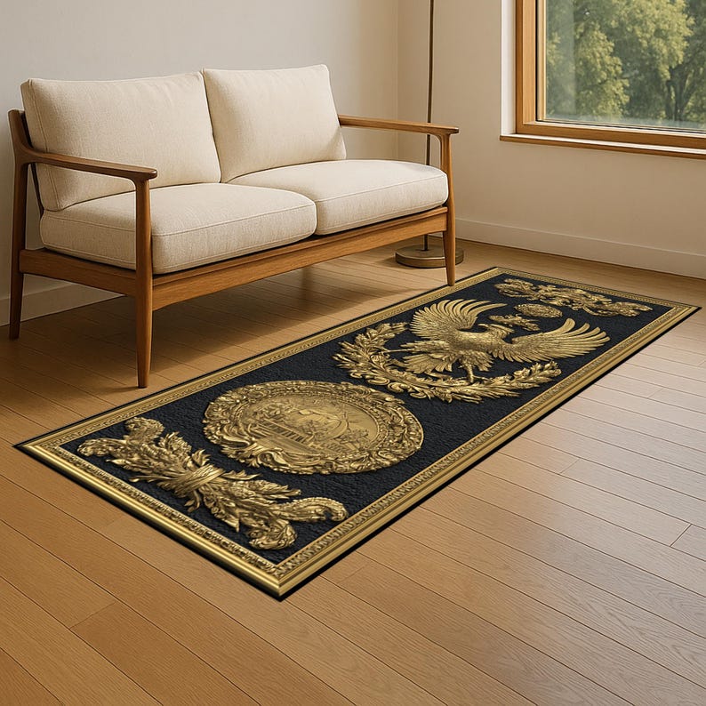 Rectangular Rug Emblem Golden Eagle Runner Rug: Imperial Ornate Baroque Crest , Black ...