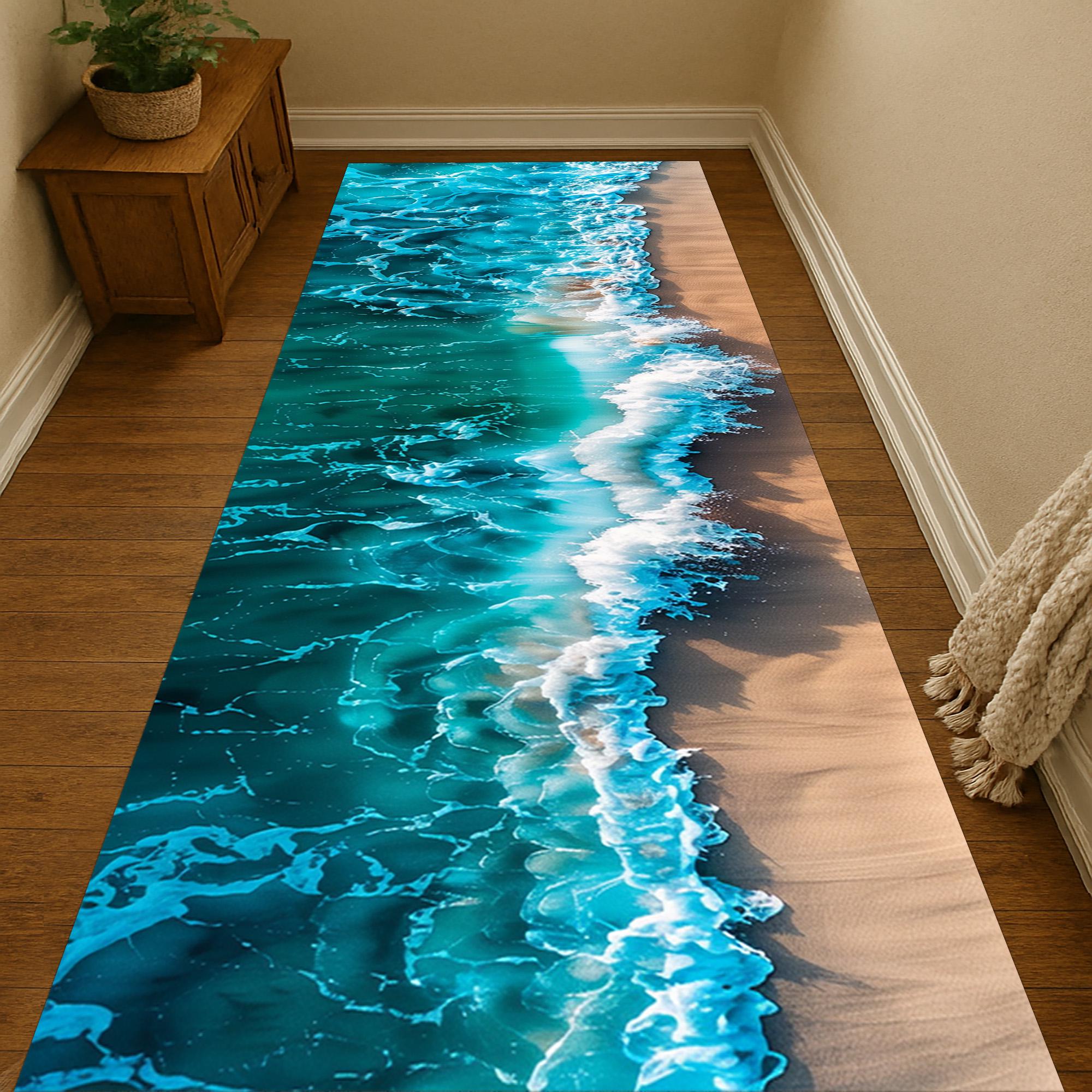Ocean Waves Rug: Turquoise Blue Sea Carpet, Sandy Beach Shore Design ...