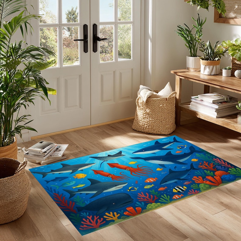 May include: A rectangular area rug featuring an underwater scene with sharks, fish, and coral. The rug has a blue background with various marine life illustrations in shades of blue, orange, yellow, and green. The rug is placed on a wooden floor.