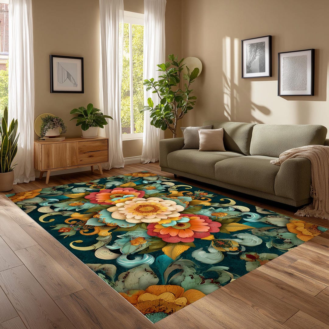 Tropical Bloom Rug: Colorful Flower Design, Exotic Botanical Art ...