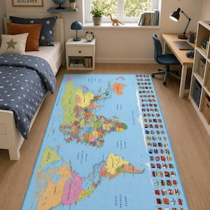 May include: A rectangular, light blue rug featuring a detailed world map with country borders in various colors. The rug includes the names of oceans and continents. A border displays country flags. The rug is in a child's bedroom.