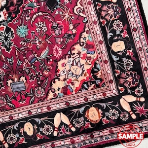 May include: A section of a detailed, ornate rug with a rich color palette. The central field is predominantly red, featuring floral and geometric patterns. A black border frames the design, with repeating motifs of flowers and bowling pins. The word "SAMPLE" is visible.