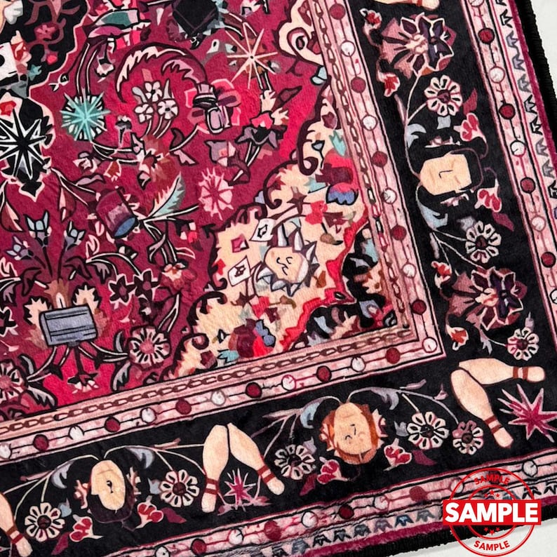 May include: A section of a detailed, ornate rug with a rich color palette. The central field is predominantly red, featuring floral and geometric patterns. A black border frames the design, with repeating motifs of flowers and bowling pins. The word "SAMPLE" is visible.