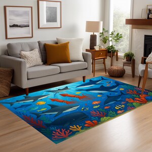May include: A rectangular area rug featuring an underwater scene with sharks, fish, and squid in shades of blue, orange, and yellow. The rug has a vibrant design with coral and marine life.