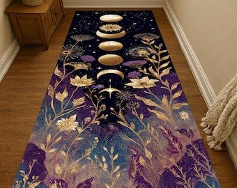 Celestial Garden Runner-tapijt: gouden maanster bloemenpatroon, mystiek nachtdecor designtapijt