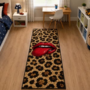 May include: A rectangular rug with a leopard print pattern and a large graphic of red lips with the tongue sticking out. The rug is black-edged and placed on a light wood floor.