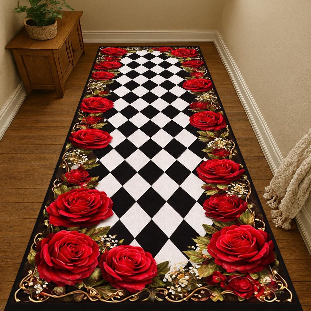 Black White Checkered Rose Runner Rug, Red Floral Border Carpet ...