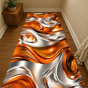 May include: A long rectangular runner rug featuring a fluid, abstract pattern of swirling metallic silver and vibrant orange waves. The design creates a sense of depth and movement with high-contrast light and dark tones across the surface.